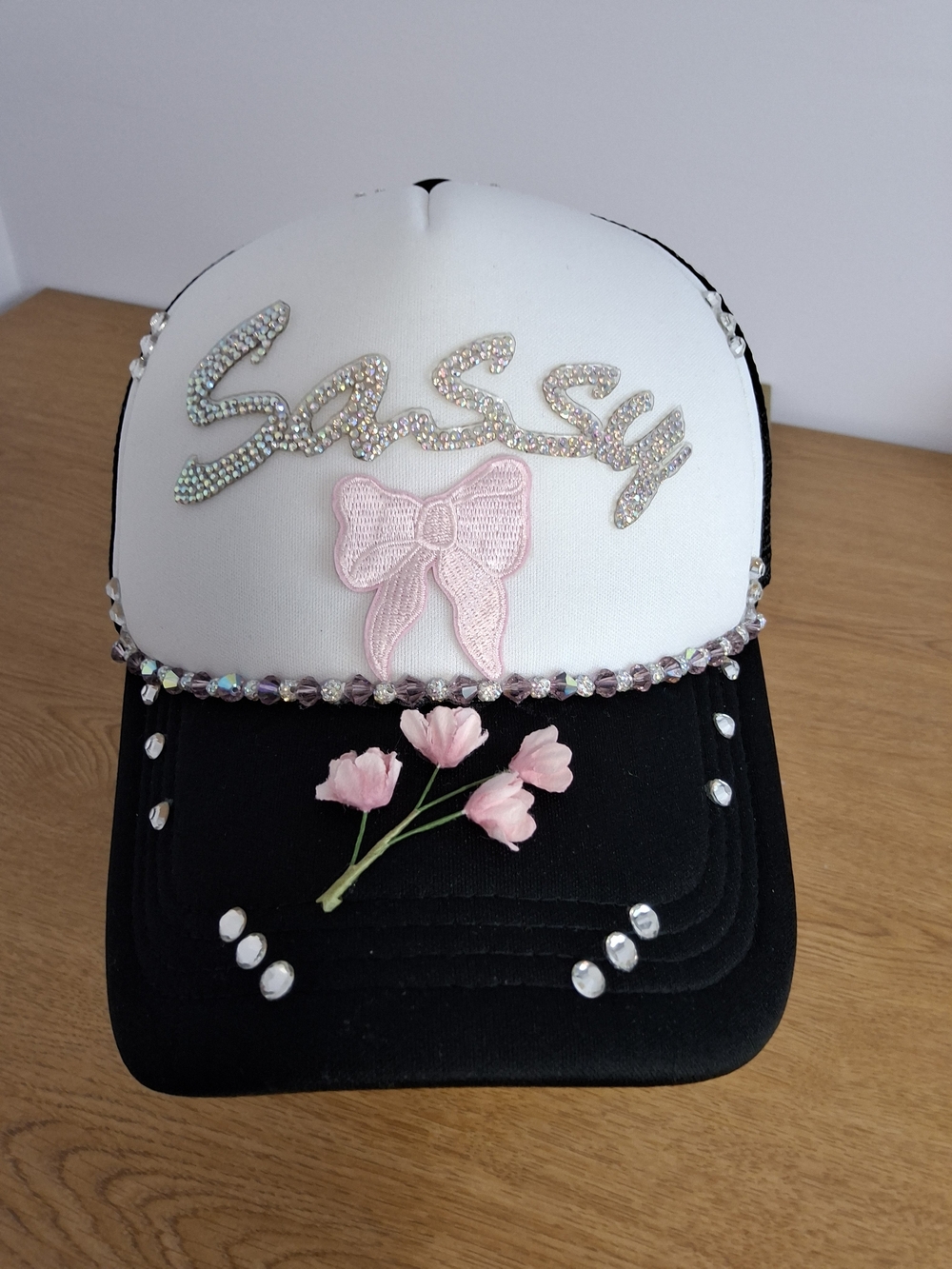 Women's Sassy Trucker Hat White & Black with Pink Accents Mesh Back Adjustable